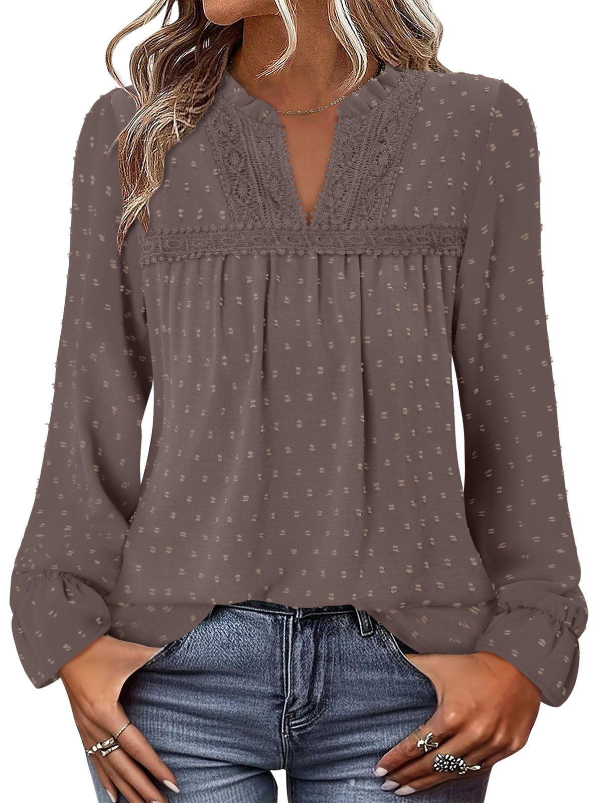 BETTE BOUTIK Womens Boho Fall Fashion Tops Long Sleeve Casual Shirts Flowy Swiss Dot Blouses