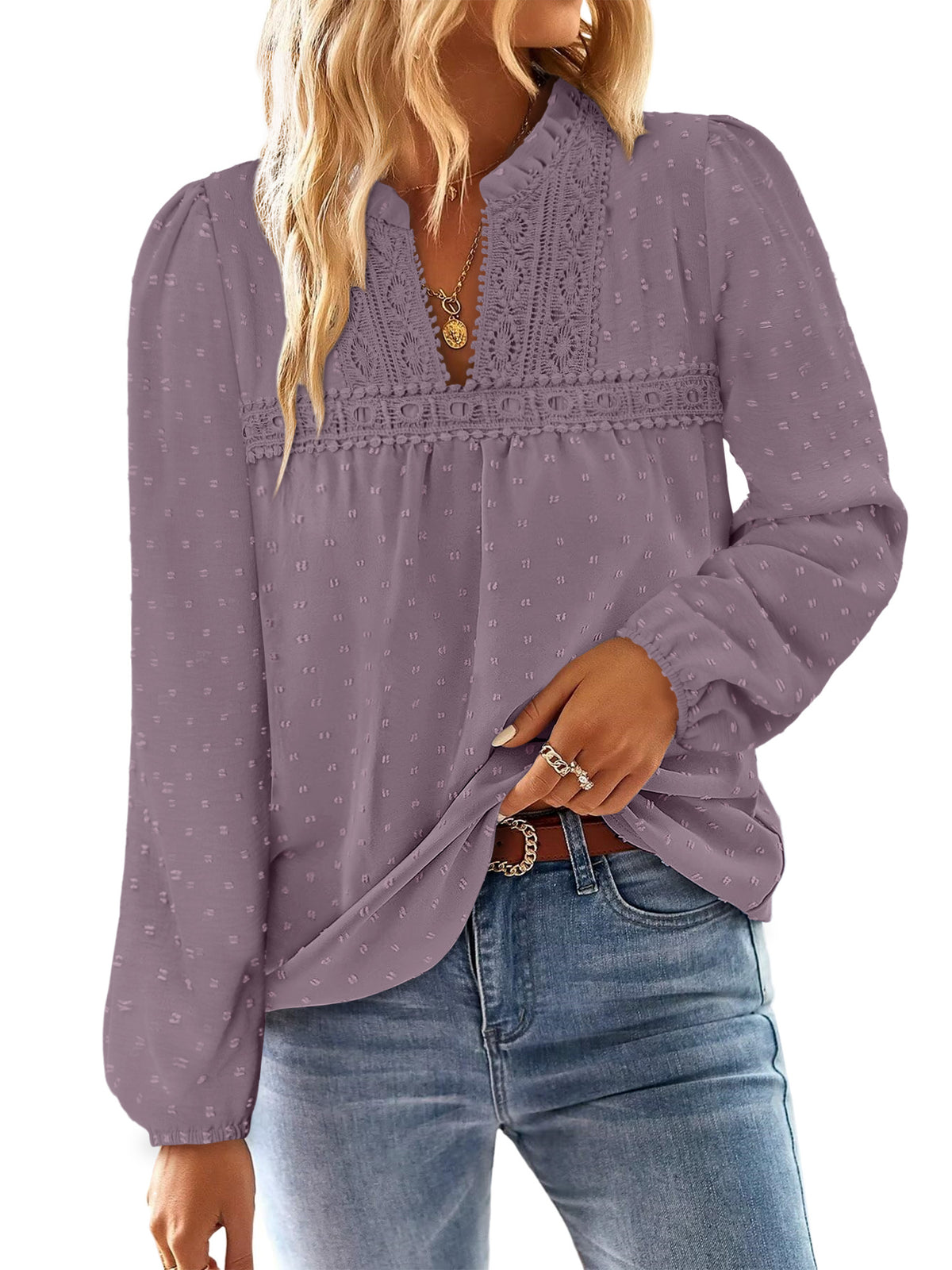 BETTE BOUTIK Womens Boho Fall Fashion Tops Long Sleeve Casual Shirts Flowy Swiss Dot Blouses