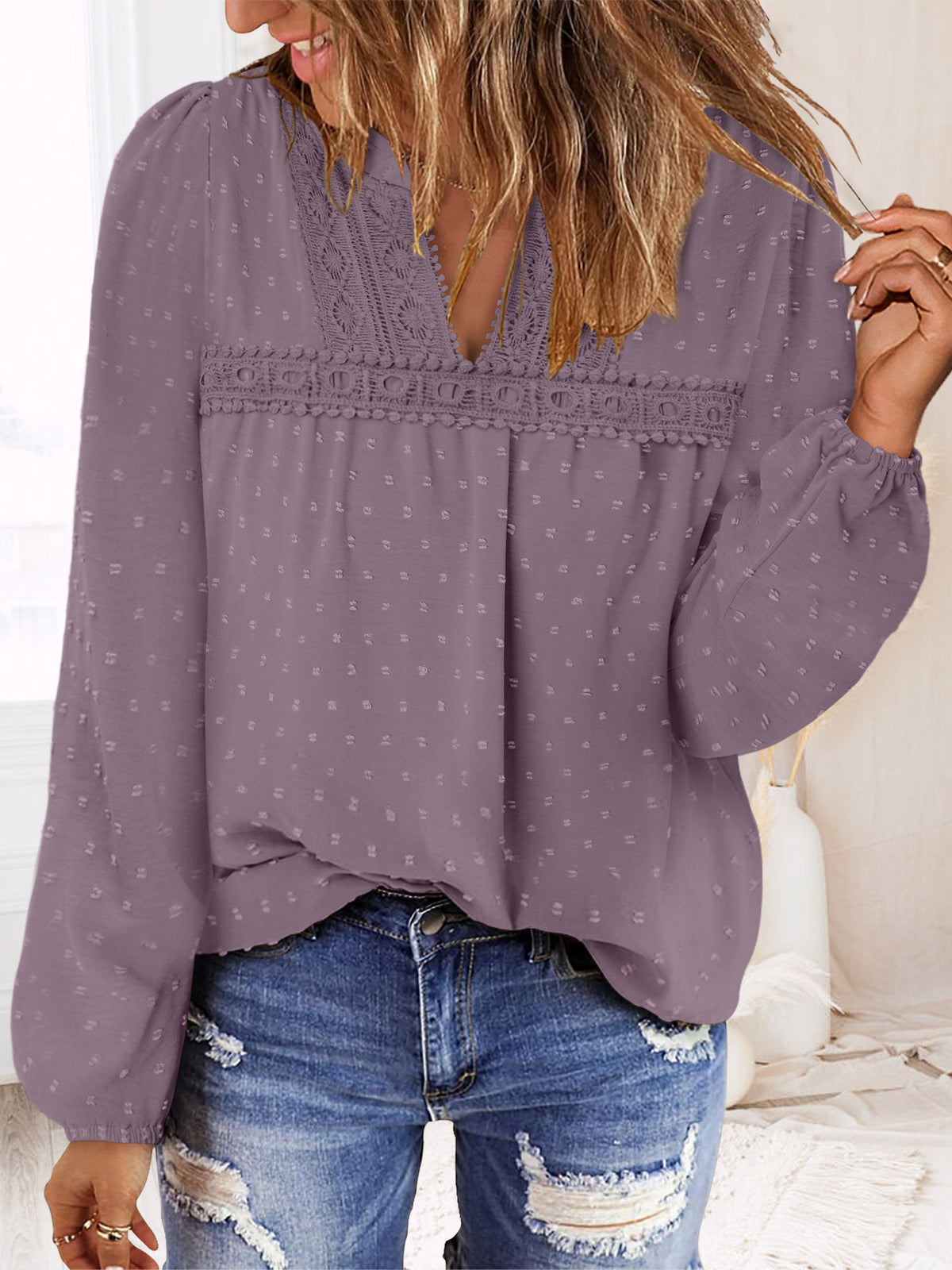 BETTE BOUTIK Womens Boho Fall Fashion Tops Long Sleeve Casual Shirts Flowy Swiss Dot Blouses