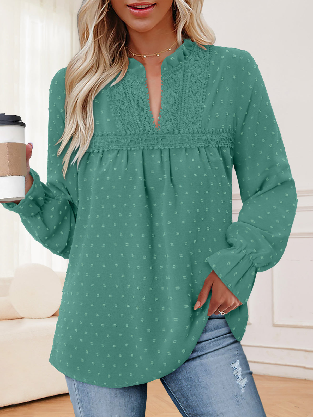 BETTE BOUTIK Womens Boho Fall Fashion Tops Long Sleeve Casual Shirts Flowy Swiss Dot Blouses
