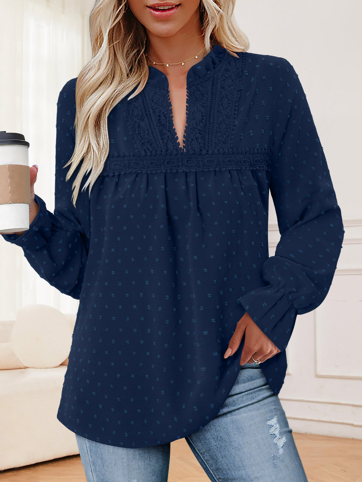 BETTE BOUTIK Womens Boho Fall Fashion Tops Long Sleeve Casual Shirts Flowy Swiss Dot Blouses