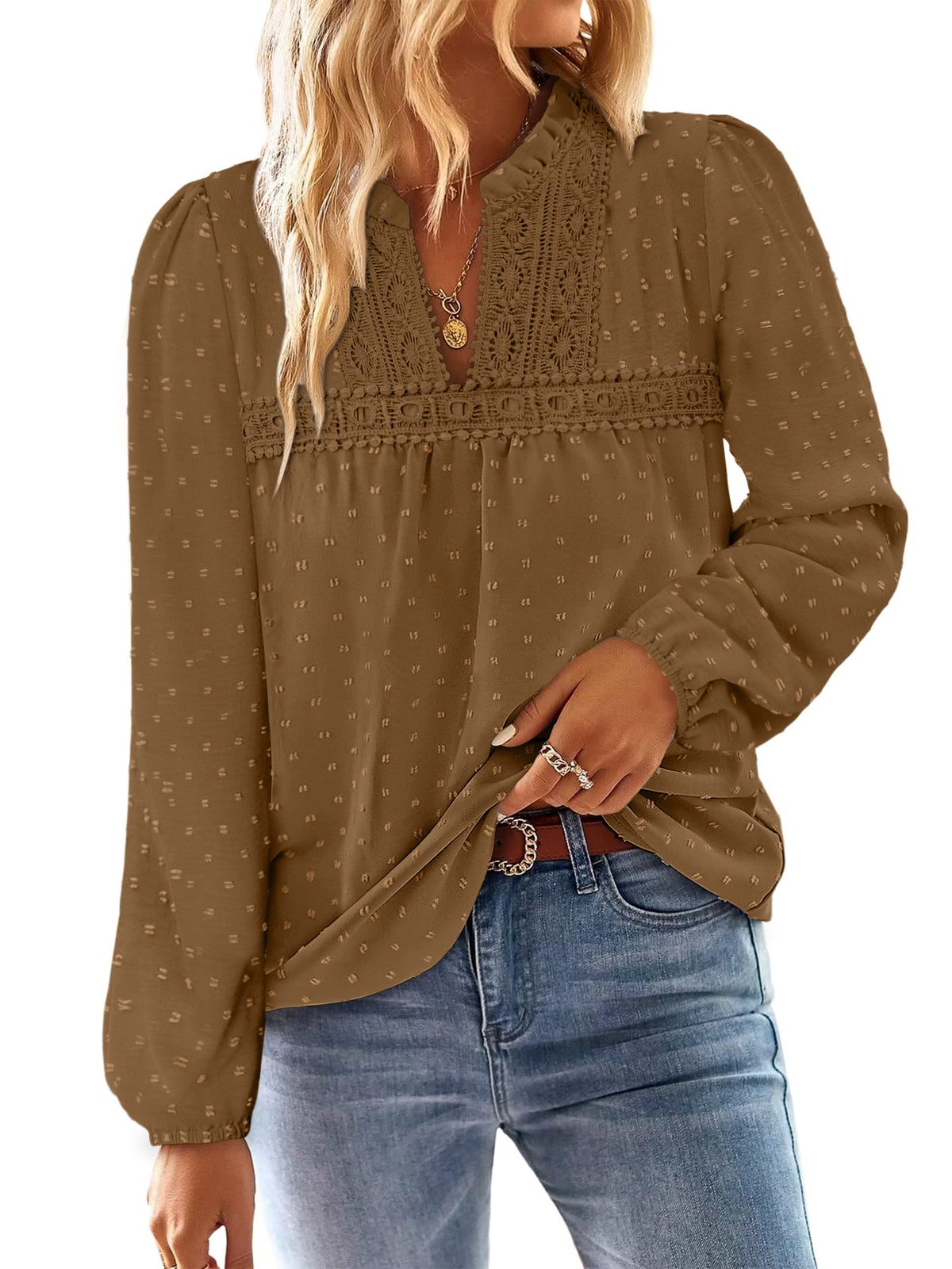 BETTE BOUTIK Womens Boho Fall Fashion Tops Long Sleeve Casual Shirts Flowy Swiss Dot Blouses