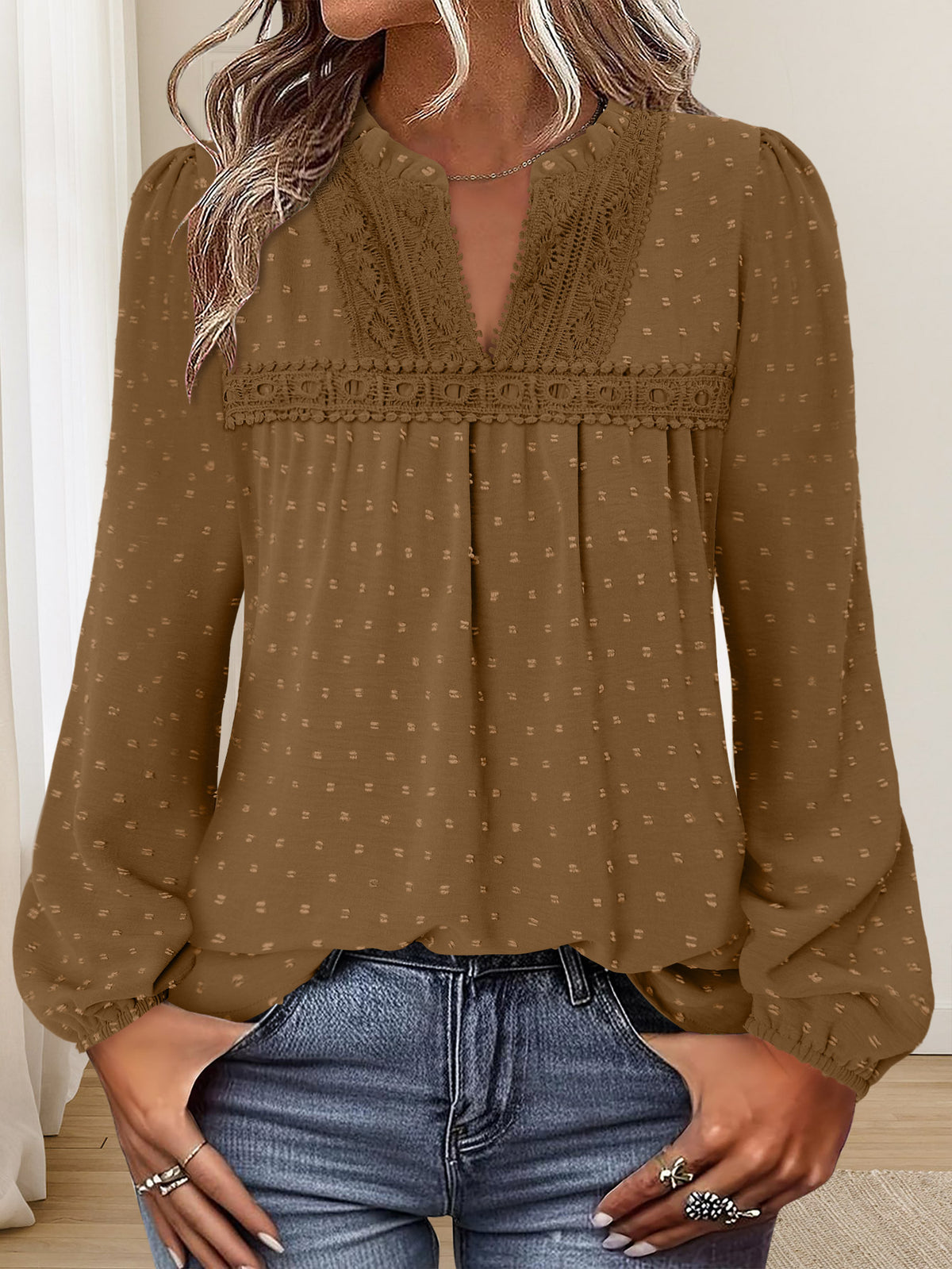 BETTE BOUTIK Womens Boho Fall Fashion Tops Long Sleeve Casual Shirts Flowy Swiss Dot Blouses