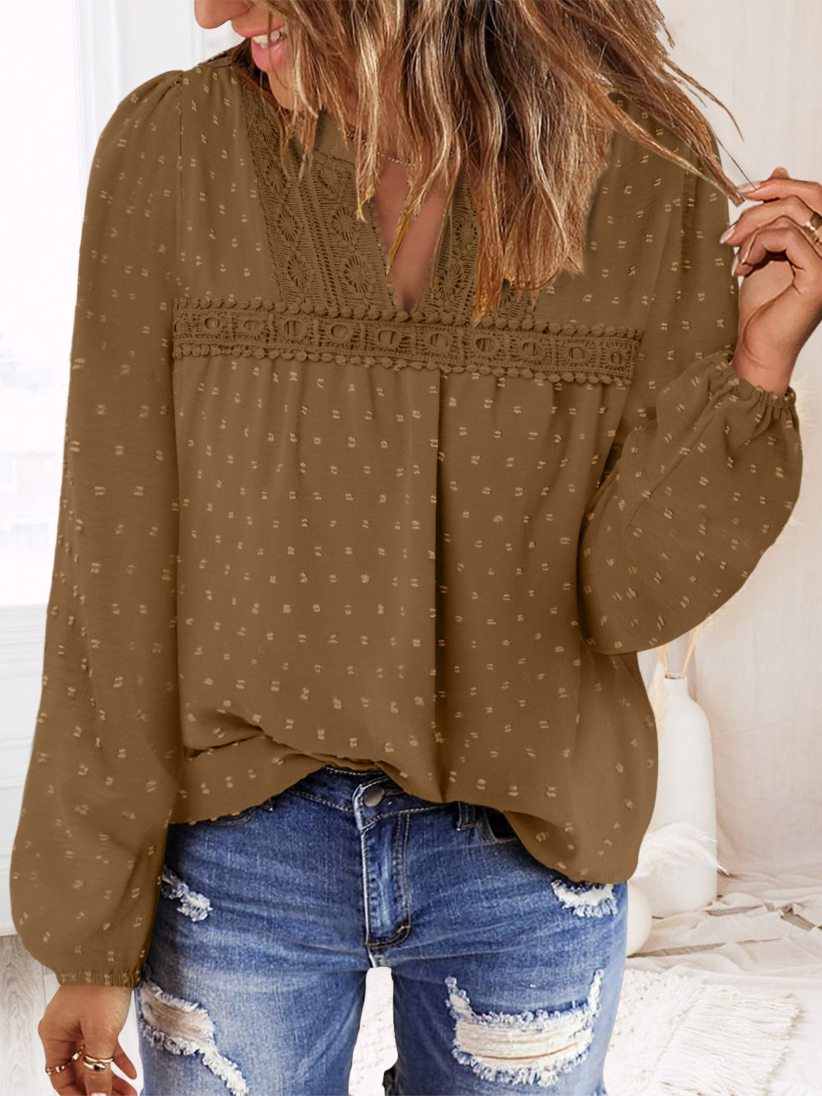 BETTE BOUTIK Womens Boho Fall Fashion Tops Long Sleeve Casual Shirts Flowy Swiss Dot Blouses
