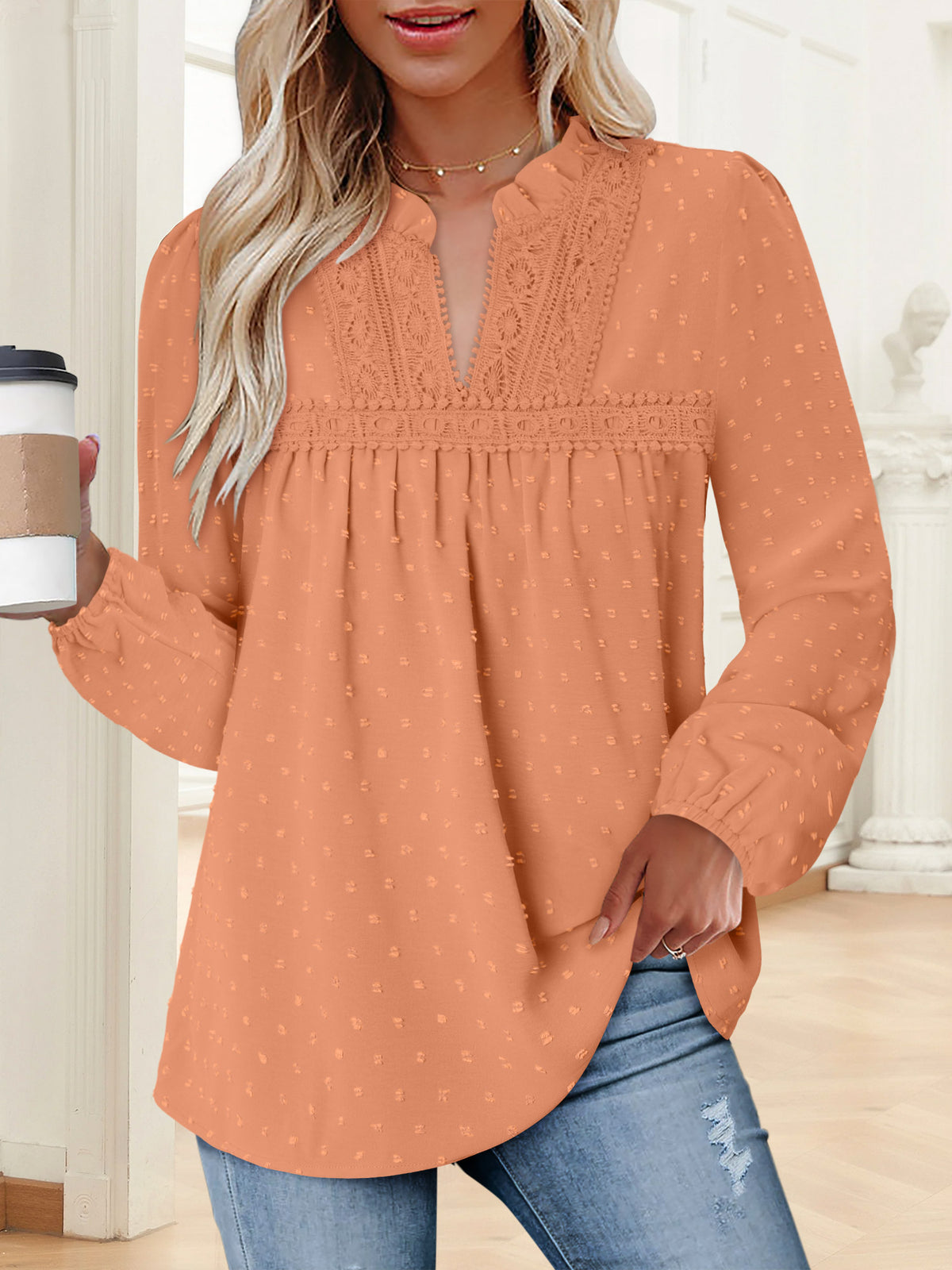 BETTE BOUTIK Womens Boho Fall Fashion Tops Long Sleeve Casual Shirts Flowy Swiss Dot Blouses