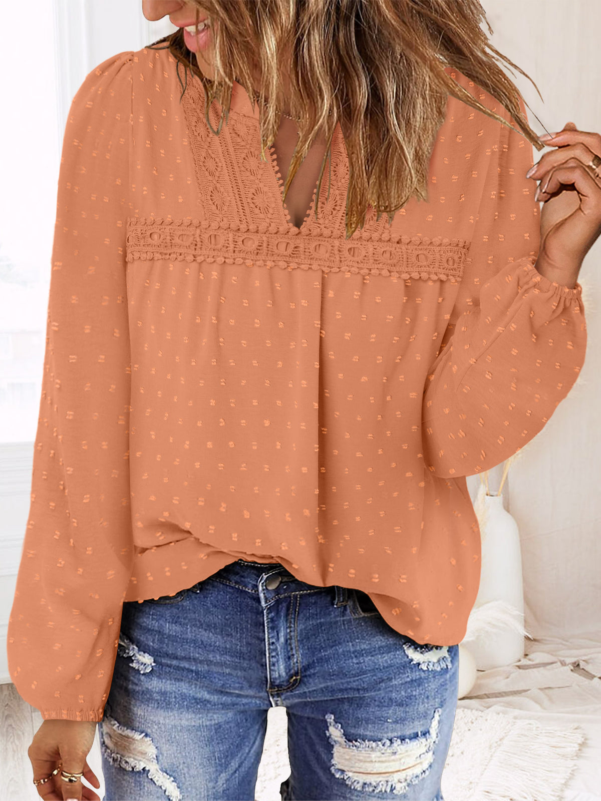BETTE BOUTIK Womens Boho Fall Fashion Tops Long Sleeve Casual Shirts Flowy Swiss Dot Blouses