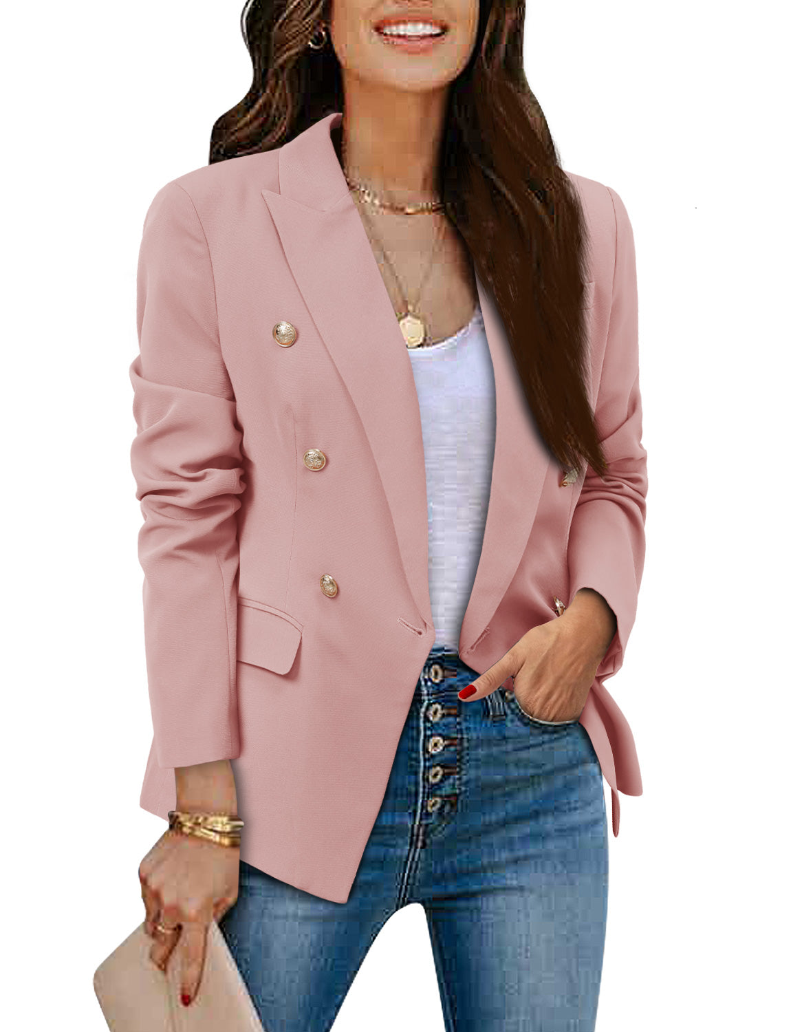 CRAZY GRID Womens Double Breasted Gold Button Business Casual Blazer