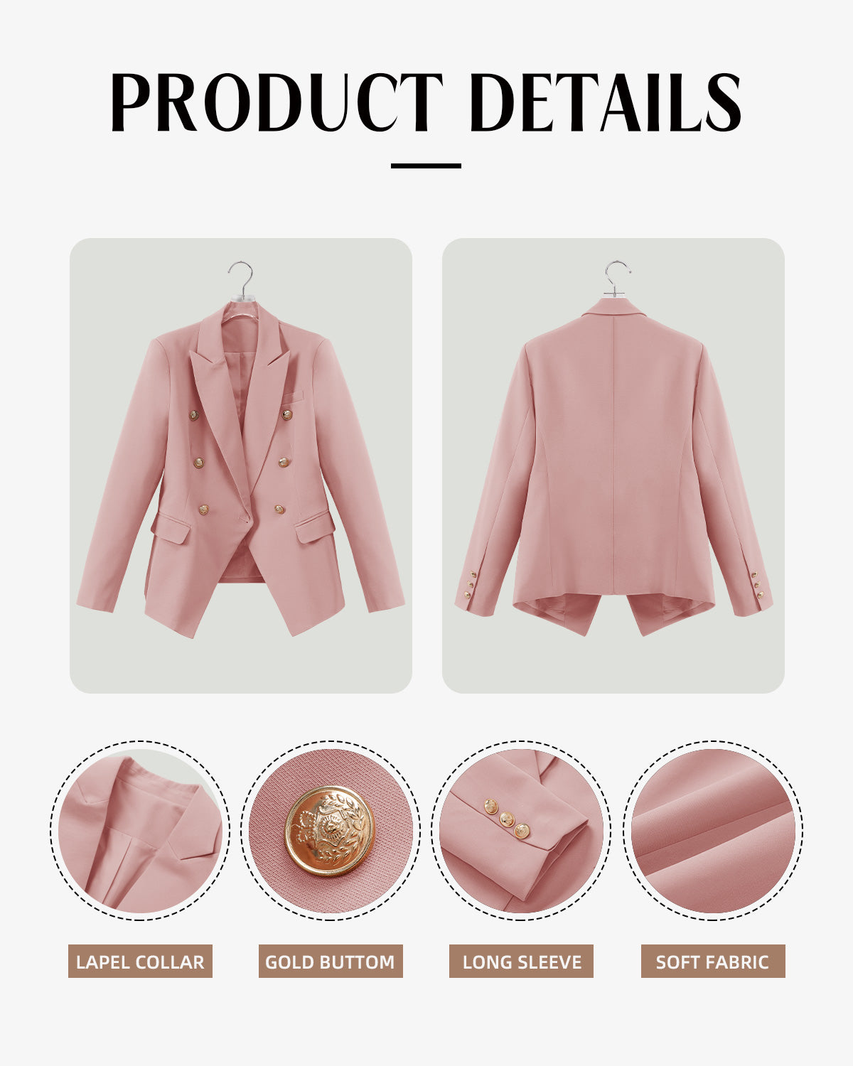 CRAZY GRID Womens Double Breasted Gold Button Business Casual Blazer