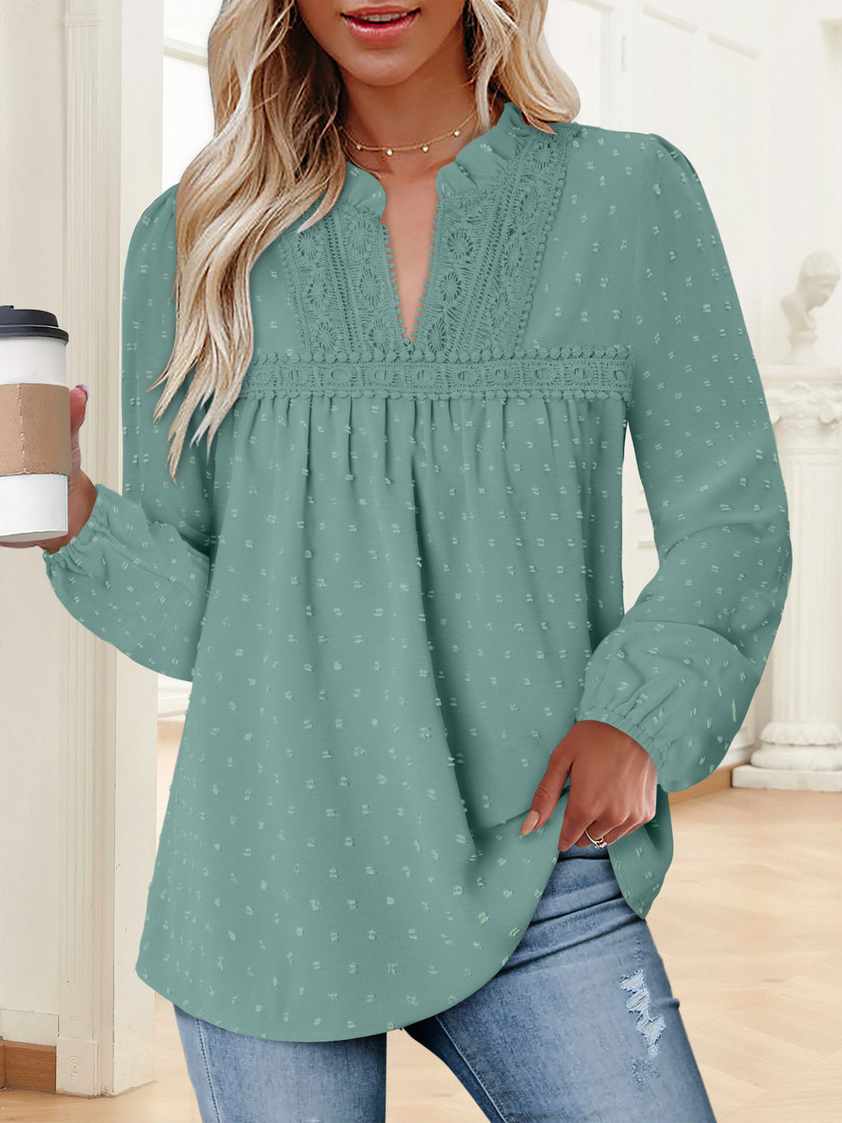 BETTE BOUTIK Womens Boho Fall Fashion Tops Long Sleeve Casual Shirts Flowy Swiss Dot Blouses
