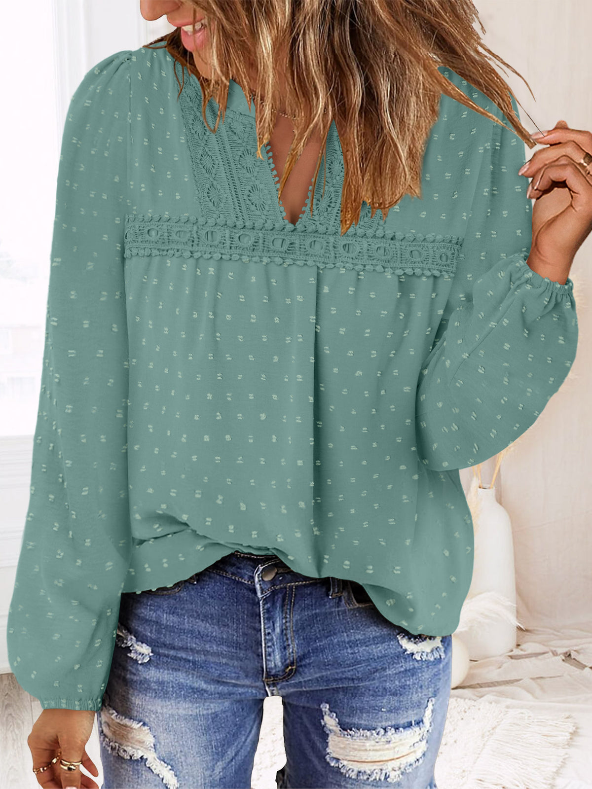 BETTE BOUTIK Womens Boho Fall Fashion Tops Long Sleeve Casual Shirts Flowy Swiss Dot Blouses