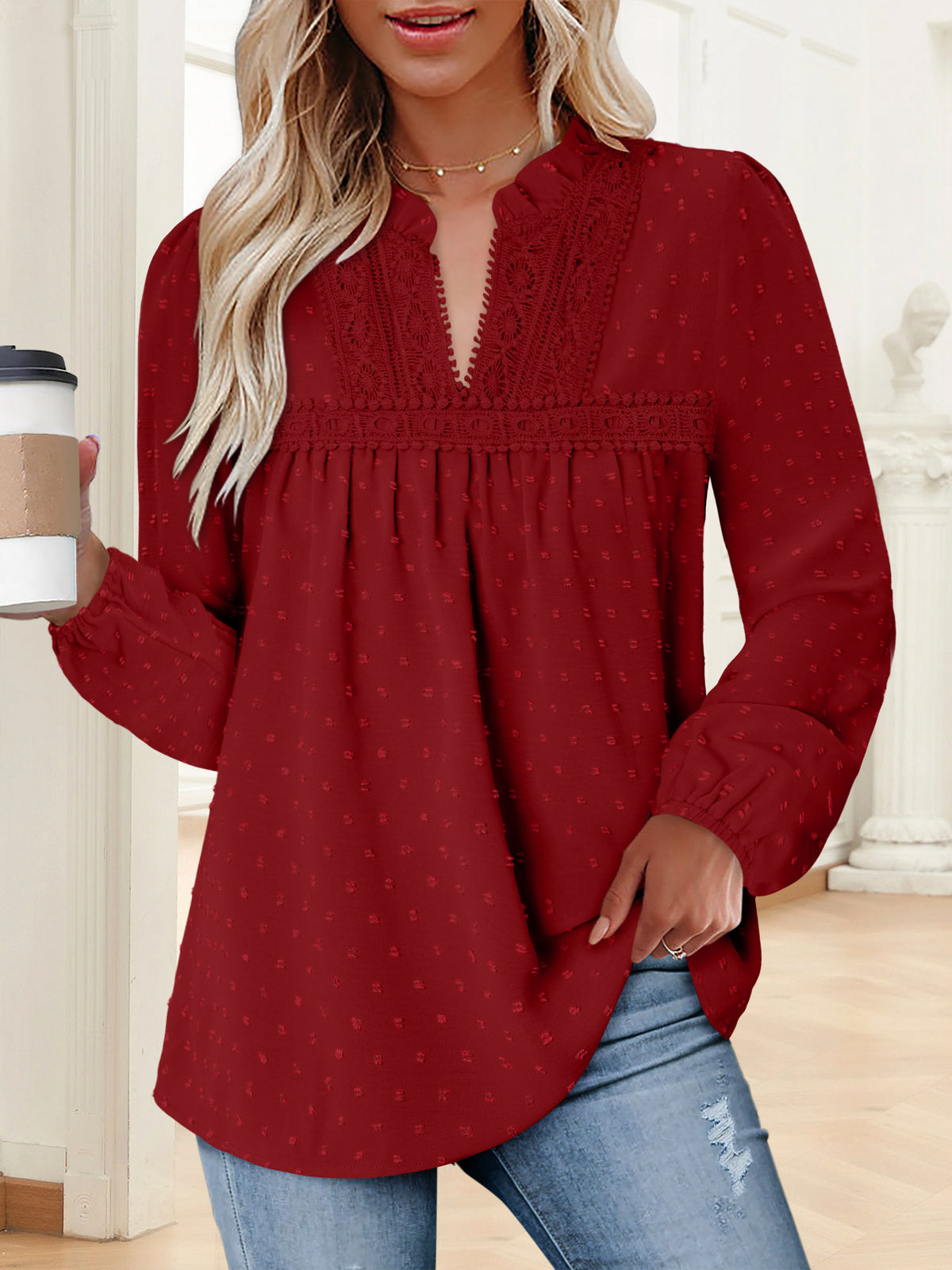BETTE BOUTIK Womens Boho Fall Fashion Tops Long Sleeve Casual Shirts Flowy Swiss Dot Blouses