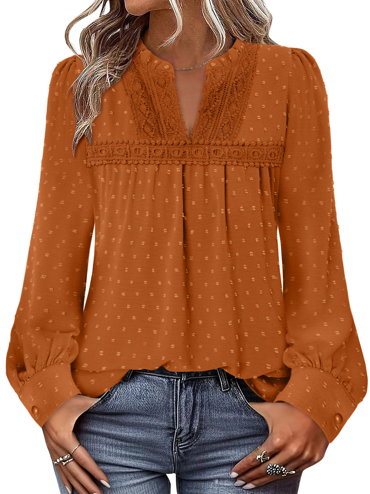 BETTE BOUTIK Womens Boho Fall Fashion Tops Long Sleeve Casual Shirts Flowy Swiss Dot Blouses