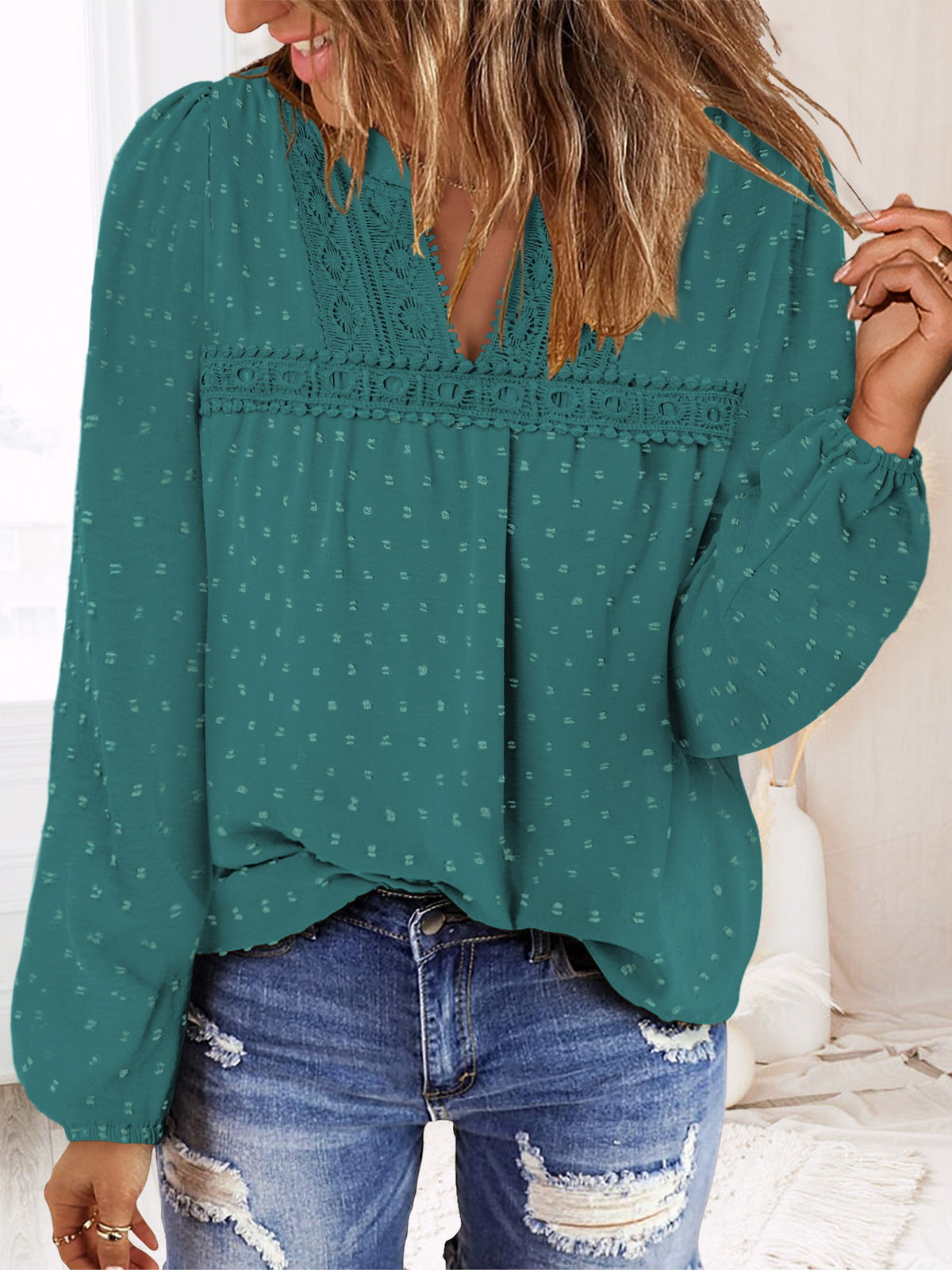 BETTE BOUTIK Womens Boho Fall Fashion Tops Long Sleeve Casual Shirts Flowy Swiss Dot Blouses