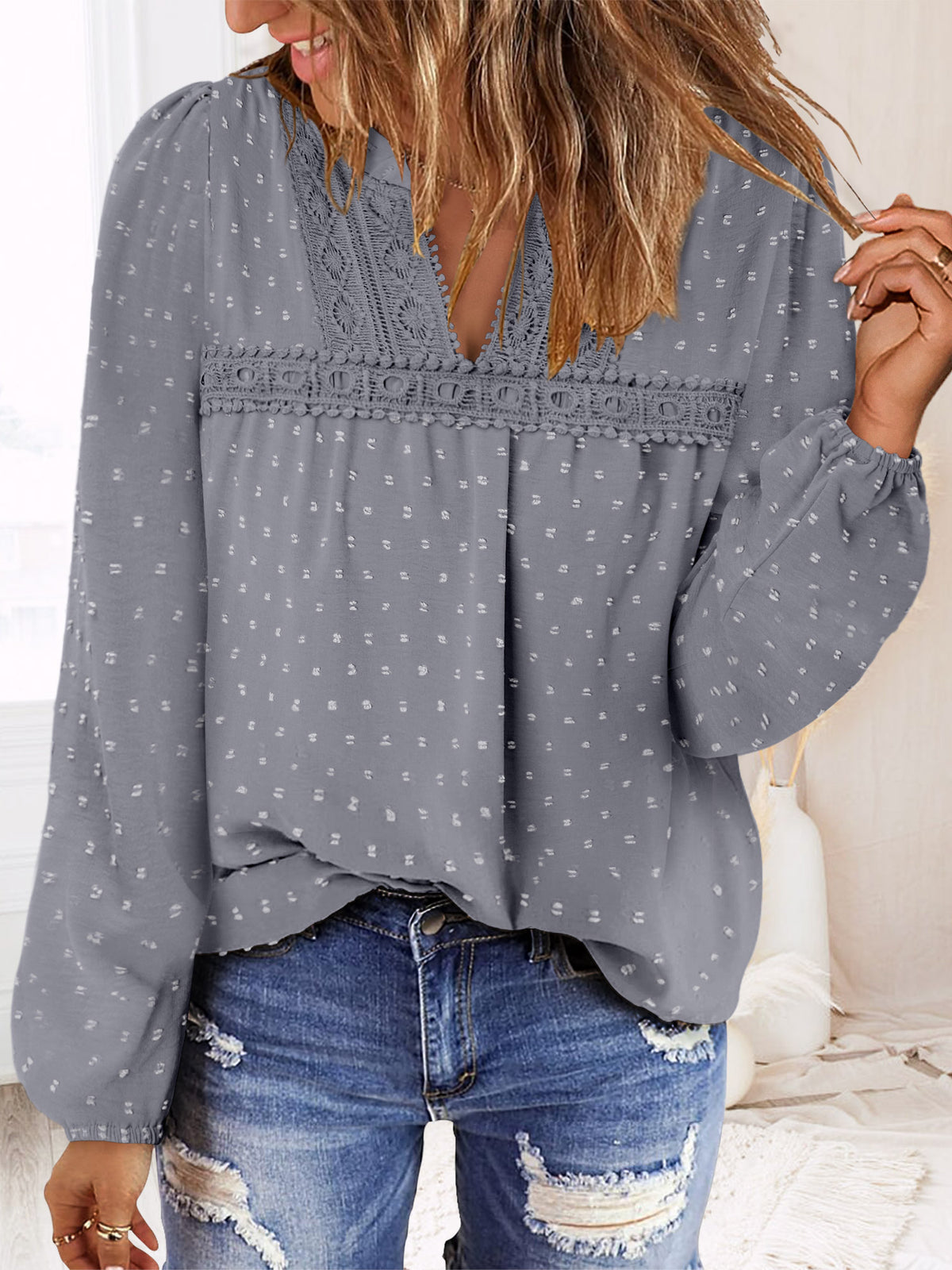 BETTE BOUTIK Womens Boho Fall Fashion Tops Long Sleeve Casual Shirts Flowy Swiss Dot Blouses