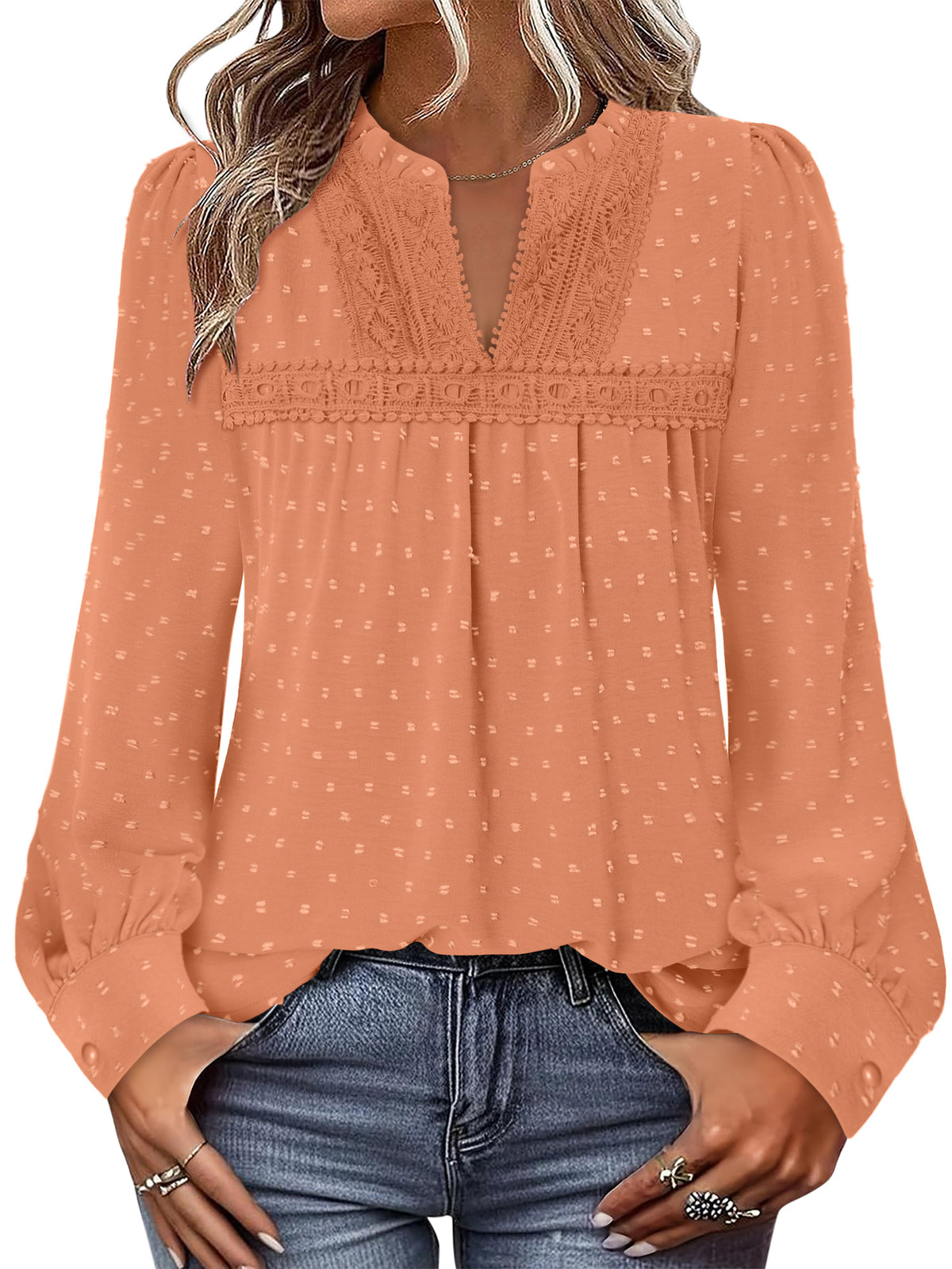BETTE BOUTIK Womens Boho Fall Fashion Tops Long Sleeve Casual Shirts Flowy Swiss Dot Blouses