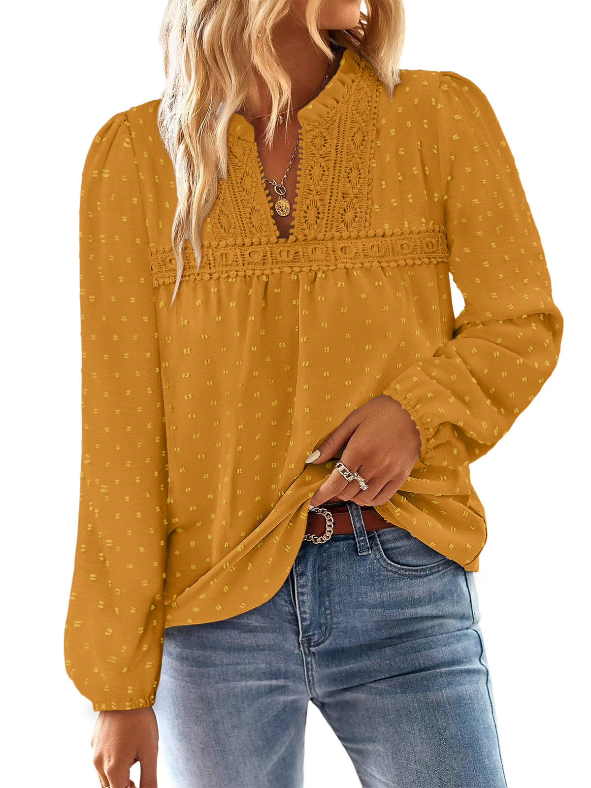 BETTE BOUTIK Womens Boho Fall Fashion Tops Long Sleeve Casual Shirts Flowy Swiss Dot Blouses