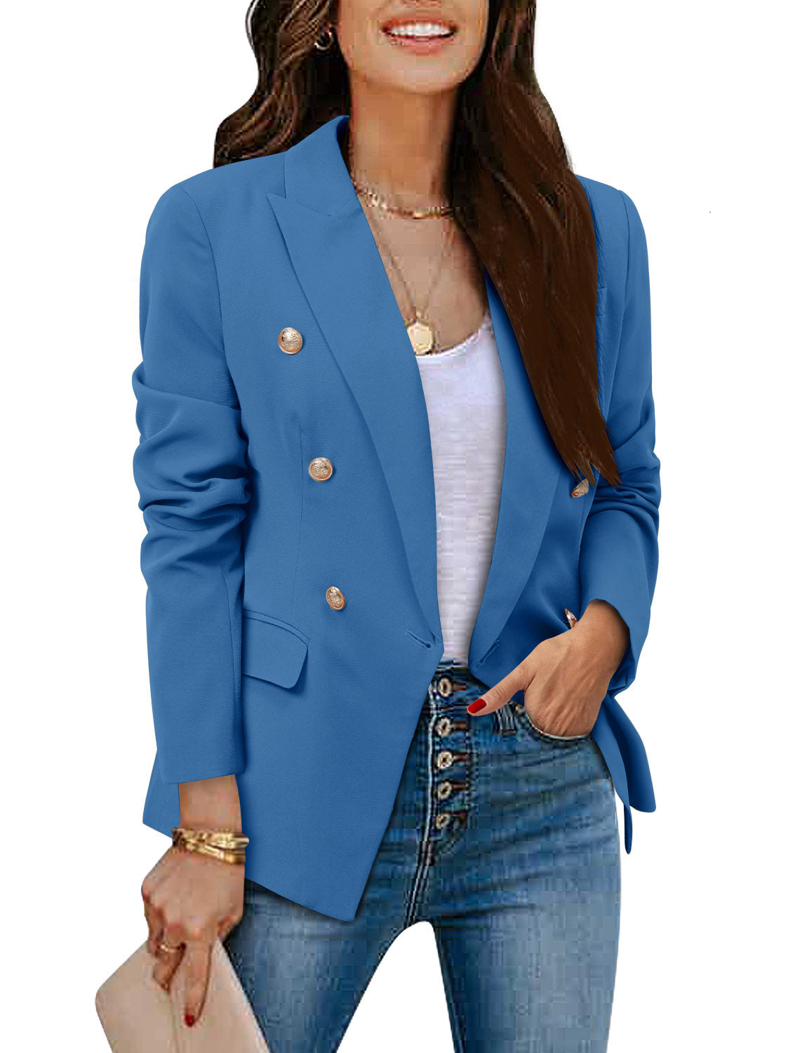 CRAZY GRID Womens Double Breasted Gold Button Business Casual Blazer