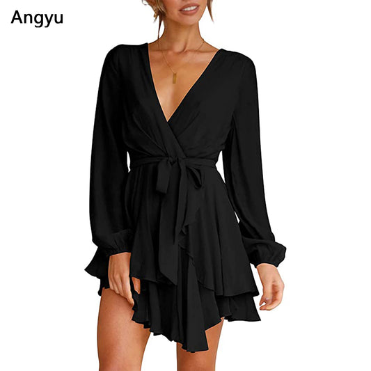 Angyu Women's Dress Deep V-Neck Long Sleeve