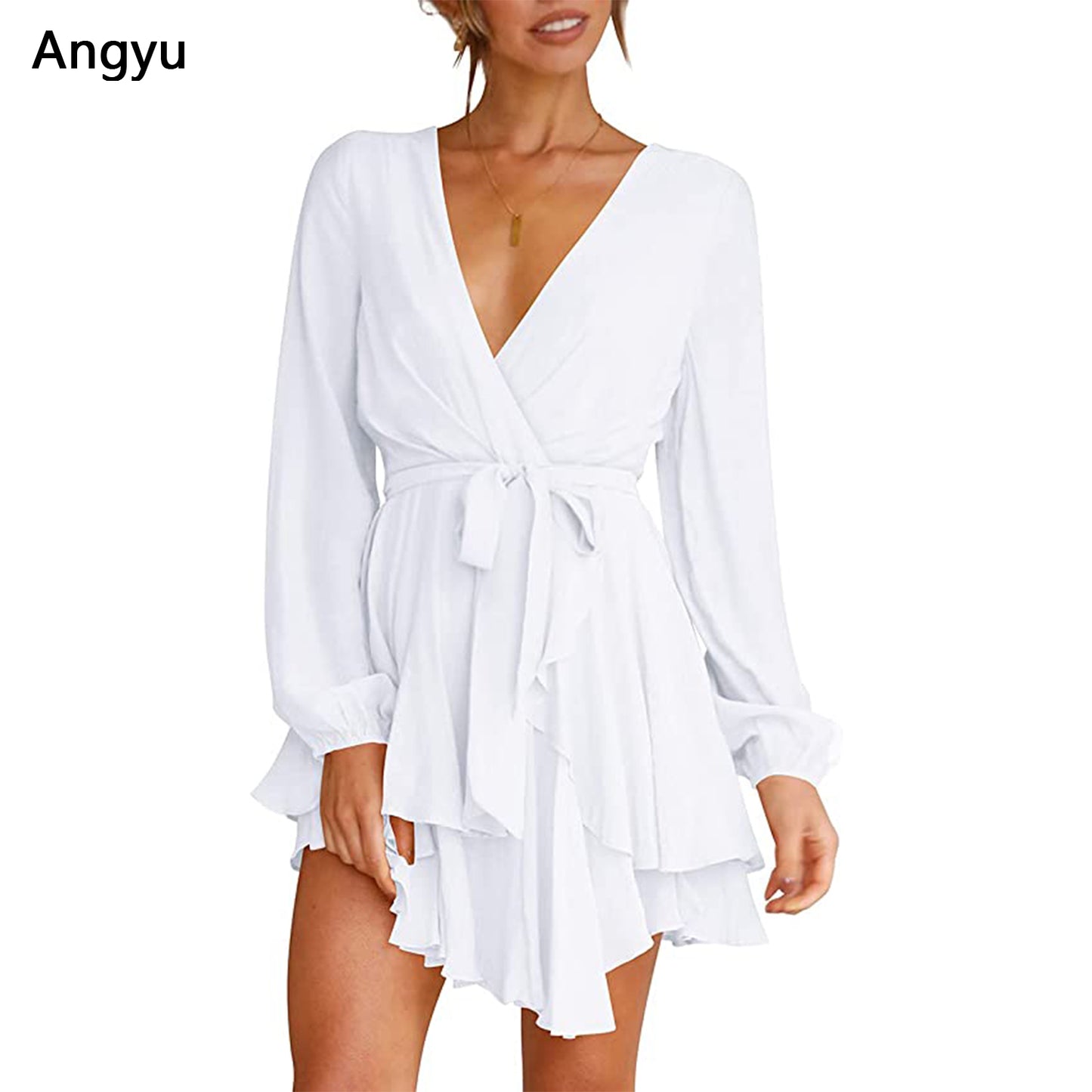 Angyu Women's Dress Deep V-Neck Long Sleeve
