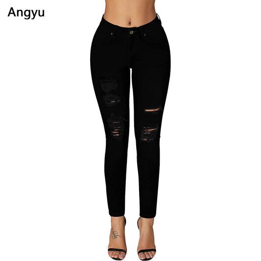 Angyu Women's Ripped Mid Rise Destroyed Skinny Jeans