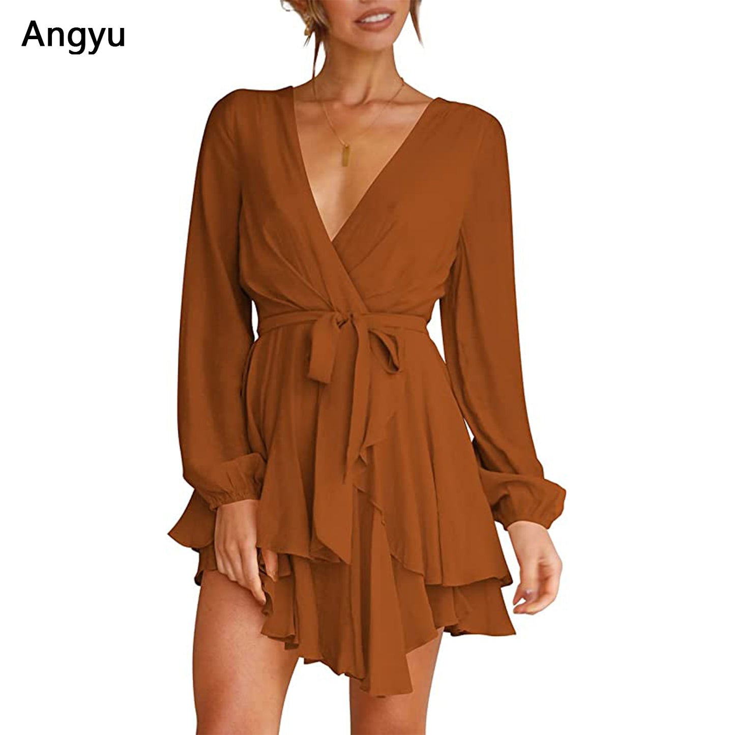 Angyu Women's Dress Deep V-Neck Long Sleeve