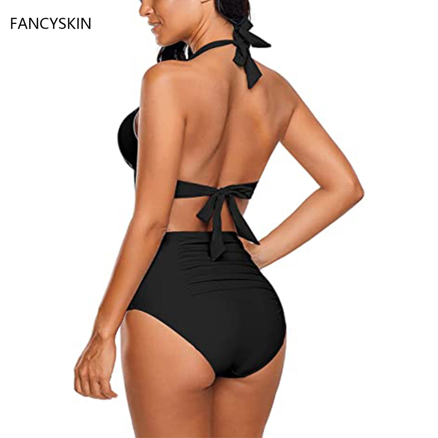 FANCYSKIN Women's Halter Self Tie Ruched High Waist Two Piece Bikini Set Swimsuits