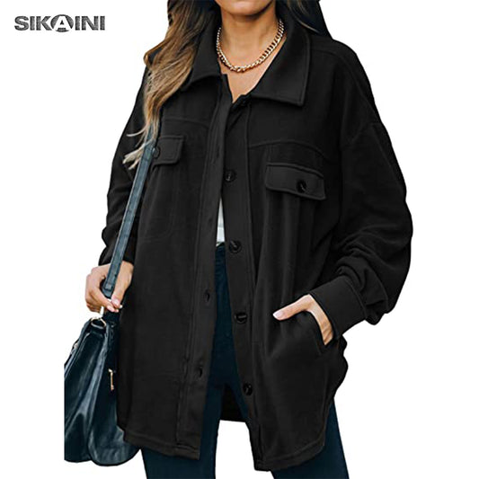 SIKAINI Women Casual Coat Long Sleeve Shacket Jacket with Pockets