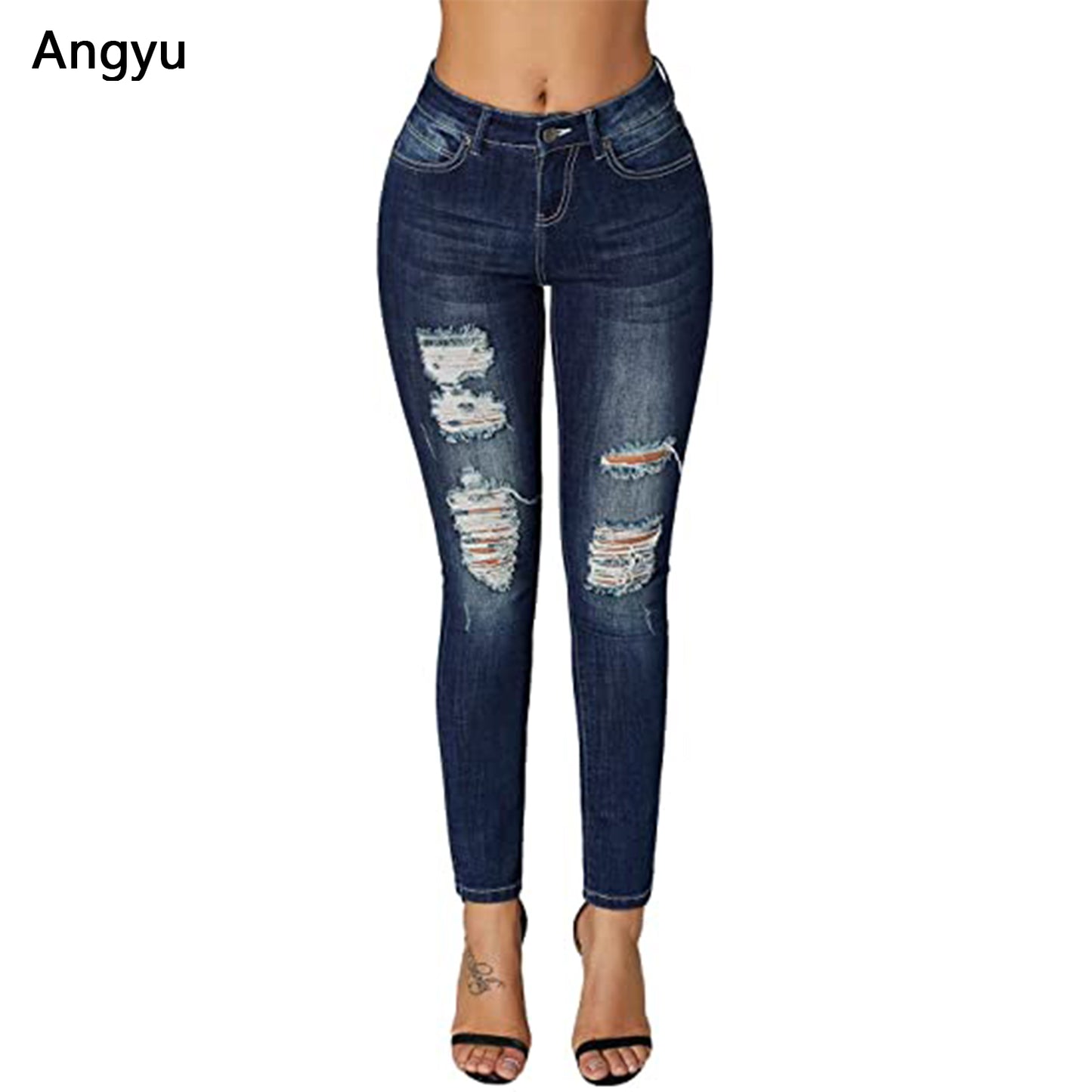 Angyu Women's Ripped Mid Rise Destroyed Skinny Jeans