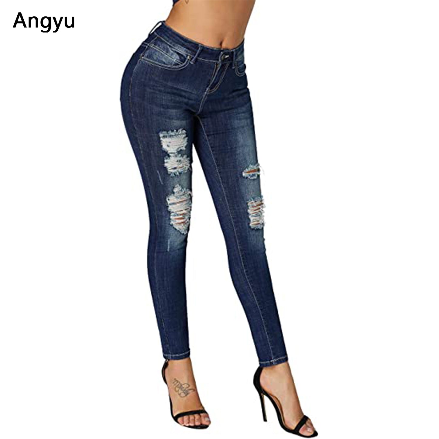 Angyu Women's Ripped Mid Rise Destroyed Skinny Jeans