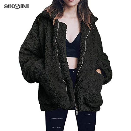 SIKAINI Women's Casual Lapel Fleece Fuzzy Zipper Coats