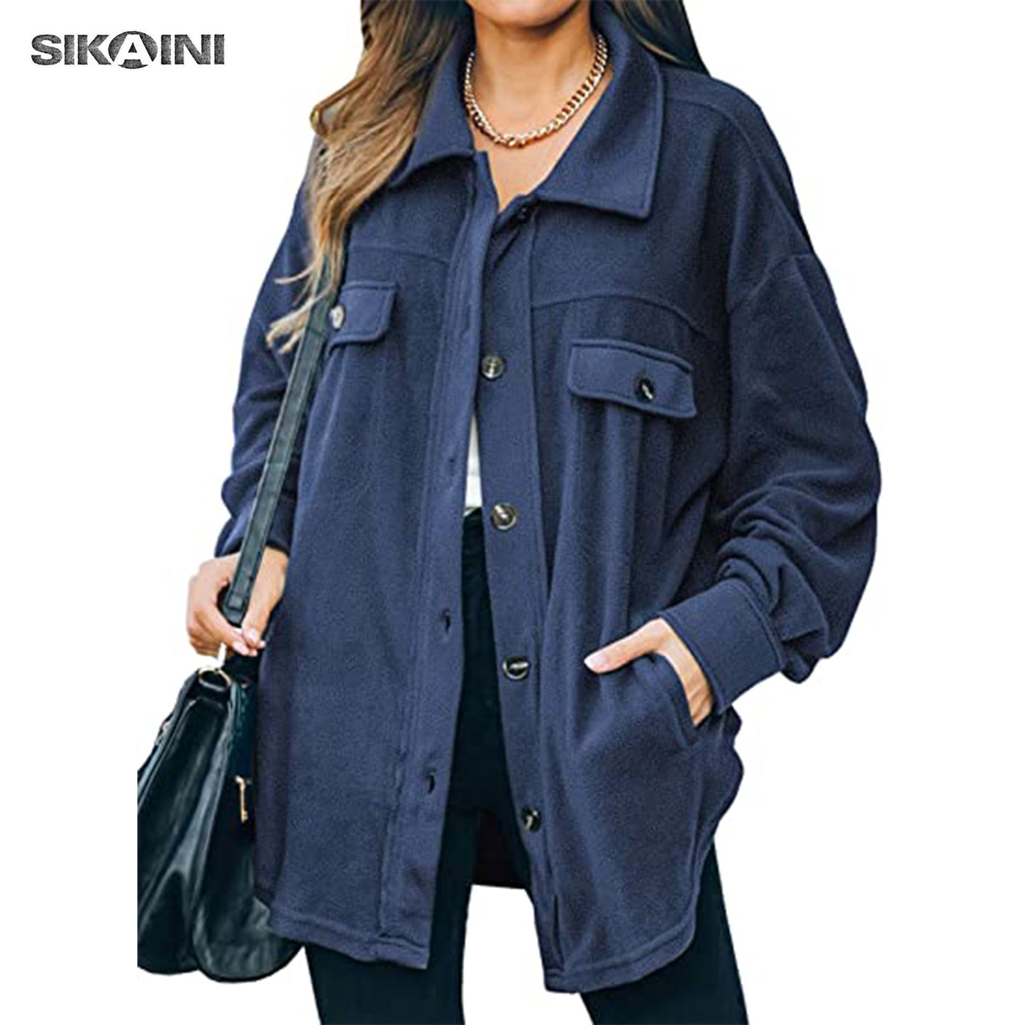 SIKAINI Women Casual Coat Long Sleeve Shacket Jacket with Pockets