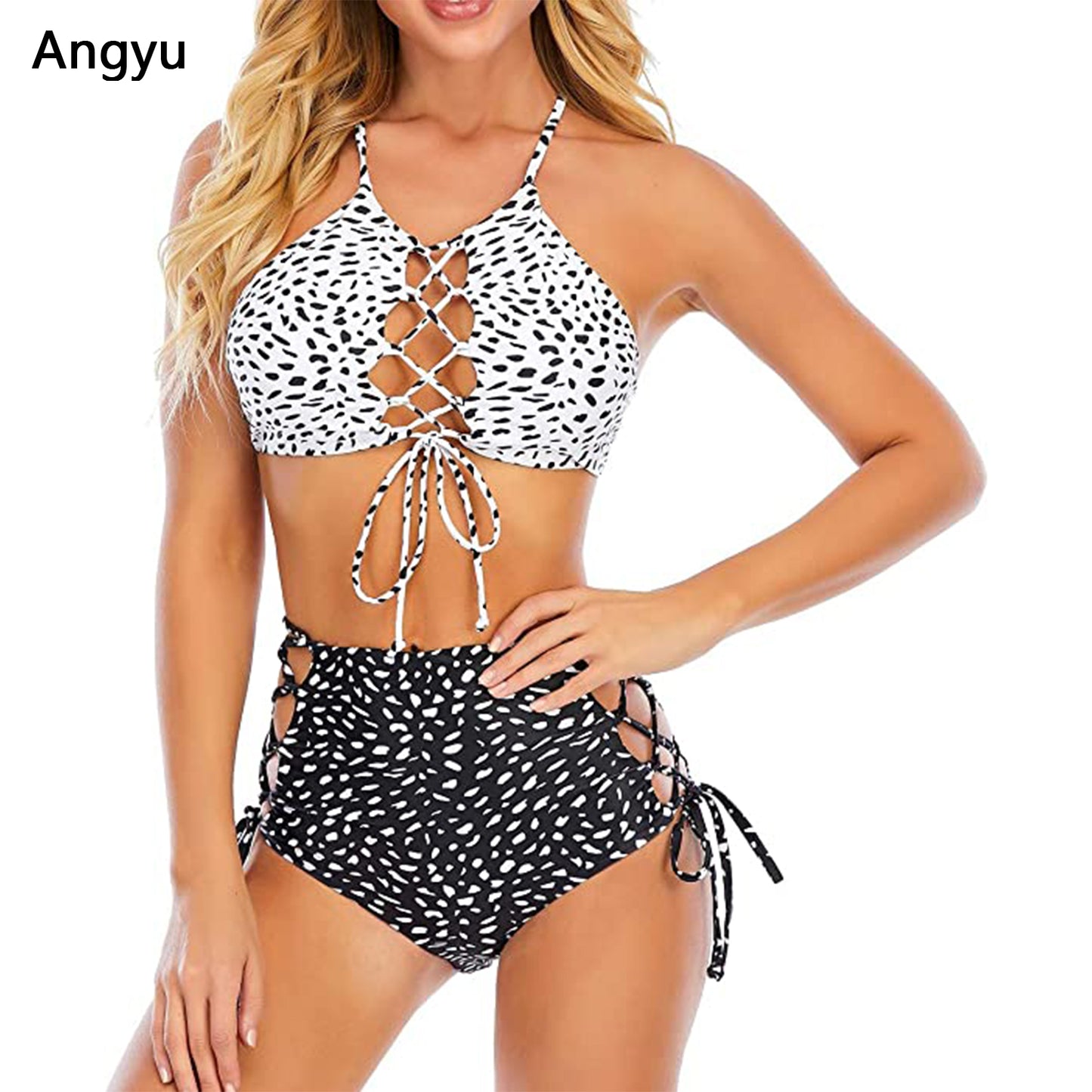 Angyu Women Backless Bikini High Waist Tankini Bathing Suit Strap Swimsuit Set